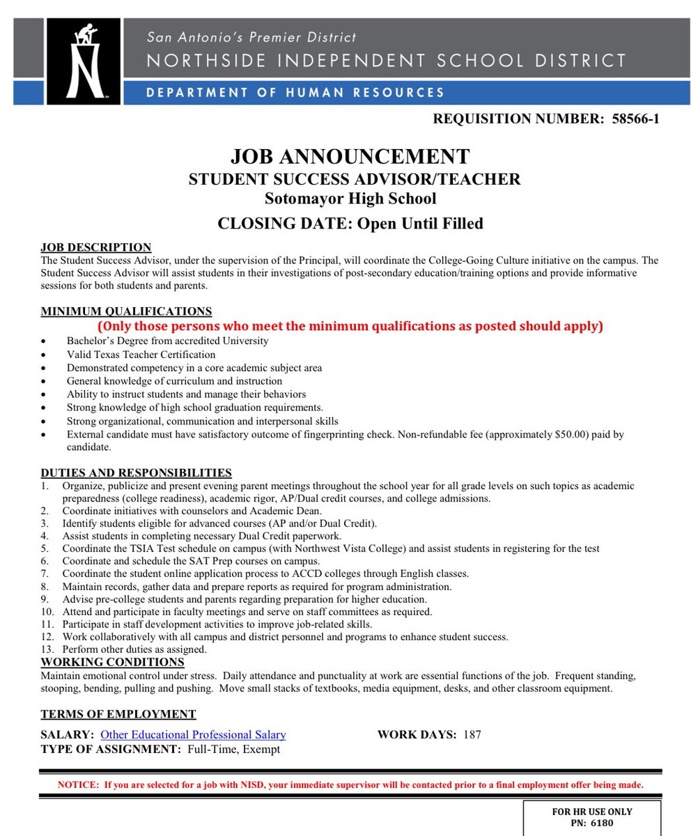 We’re hiring for an energetic and diligent individual to be our new Student Success Teacher for the 24-25 school year. You may send your resume to Linda Luna, Academic Dean linda.luna@nisd.net