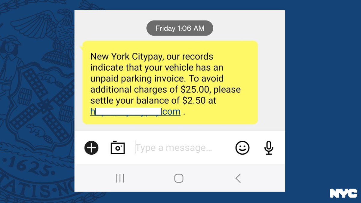 Be careful, New Yorkers!

If you get a text like the one in this screenshot — it's a scam. CityPay does not send text messages requesting payment.

Delete these types of texts and DON'T open the link.

Use the <a href="/NYCFinance/">NYC Finance</a> website to check your accounts: nyc.gov/citypay