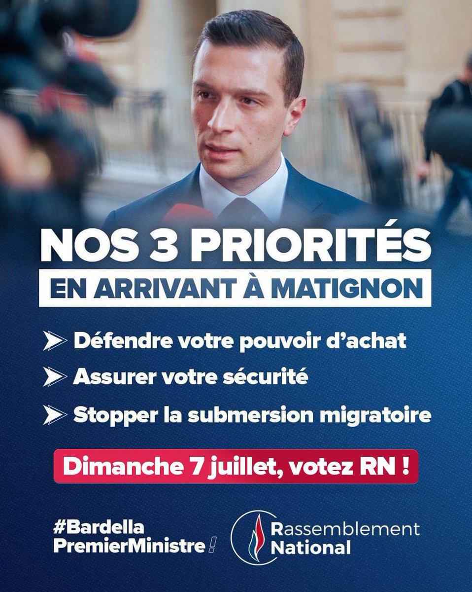 🔴 #BardellaPremierMinistre, c'est deux temps d'action :

1️⃣ Le temps des urgences, dès le mois de juillet, avec le pouvoir d'achat, la sécurité et l'immigration ;

2️⃣ Le temps des réformes, à l'automne, avec les retraites, l'économie, l'école, la santé, etc.

#FaceABFM