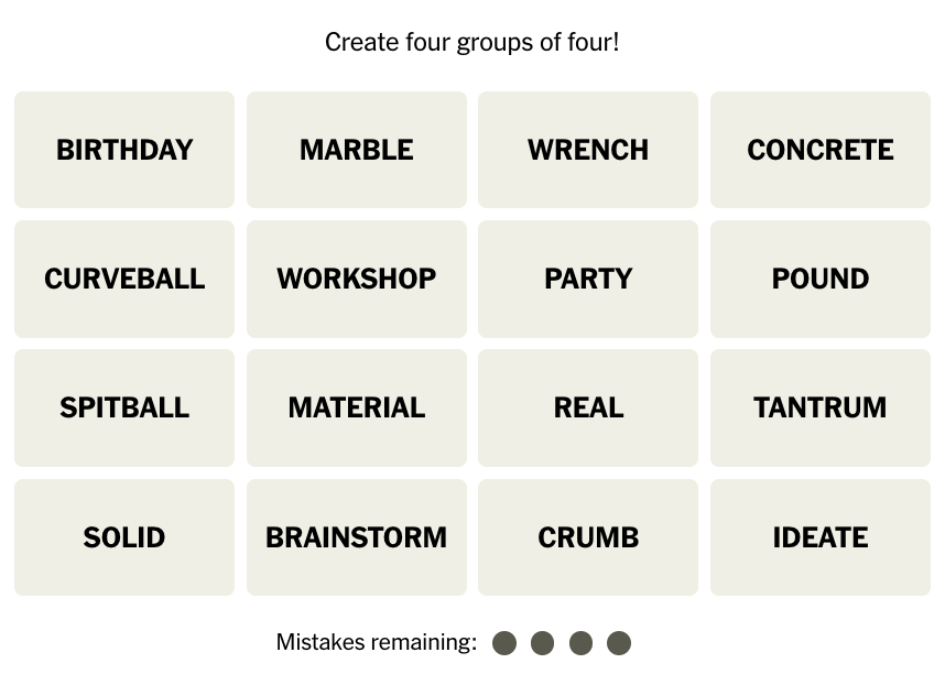 nytimes's tweet photo. Connections is a daily game about finding common threads between words. Players must select four groups of four words without making more than three mistakes. Play now. https://t.co/gbCI2U0JPU https://t.co/EV0QndZjkA
