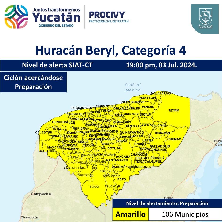 procivy's tweet photo. #AVISO 

ALERTA AMARILLA 🟡

Ante la cercanía del #Huracán #Beryl categoría 4, el Sistema Nacional de #ProtecciónCivil ha establecido una #AlertaAmarilla para #Yucatán.

Les invitamos a permanecer informados a través de nuestras cuentas oficiales. https://t.co/3L6K1Oroij