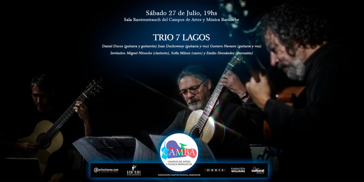 CampusdeArtes's tweet photo. TRÍO 7 LAGOS: Daniel DUCOS (guitarra y guitarrón), Juan DUCHOWNEY (guitarra y voz)y Gustavo NAVARRO (guitarra y voz)
Invitados: Miguel Nitzsche (clarinete) , Sofía Miloni (canto) y Emilio Hernández (percusión). 
Anticipadas por https://t.co/3WPSA66z4m https://t.co/zOrw2T6Onp