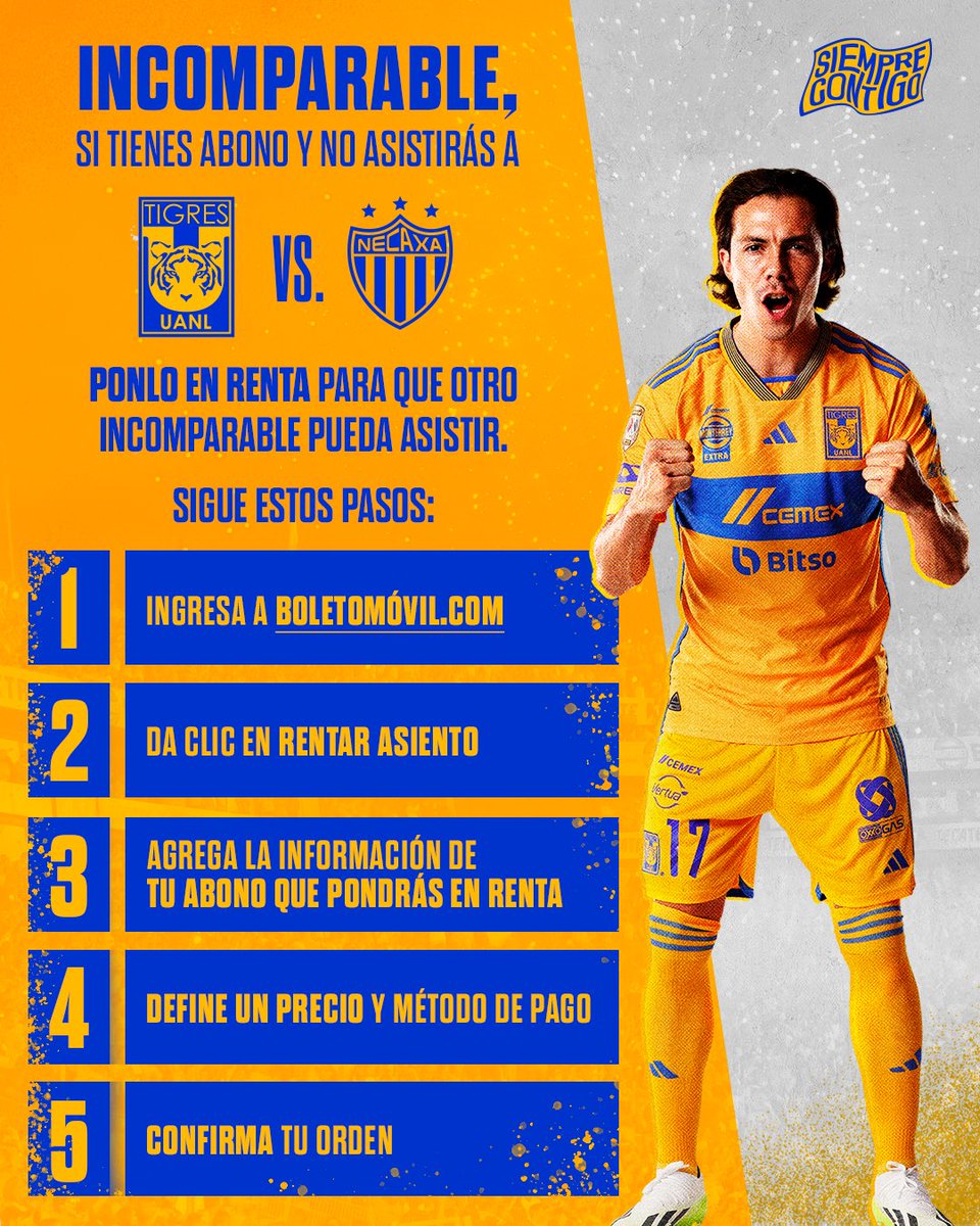 TigresOficial's tweet photo. 🚨🏟️ Con Mercado Secundario de @boletomovil puedes poner en renta tu abono para que otro Incomparable pueda asistir este sábado al Uni.

* Tienes hasta 30 horas antes del partido para poner tus entradas en renta.

🎟️ https://t.co/75KjTLvtyv https://t.co/QEDl1r4cvj