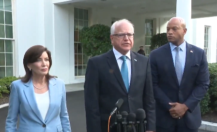 ResistRubio's tweet photo. "All the governors agree with that, support for President Biden,"said Minnesota Gov. Tim Walz, speaking outside of the White House with New York Gov. Kathy Hochul and Maryland Gov. Wes Moore. https://t.co/wazqvX2bfd