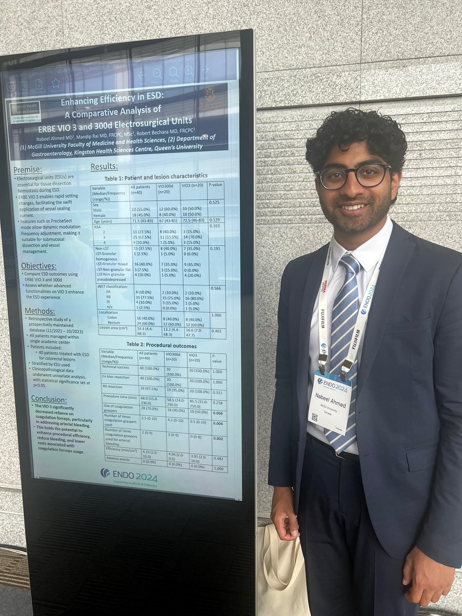 Very excited to be at ENDO 2024 presenting this comparative analysis of ERBE VIO 3 and 300d ESUs for Colorectal ESD. Many thanks to Dr. Bechara and Dr. Rai for the opportunity to participate in this study