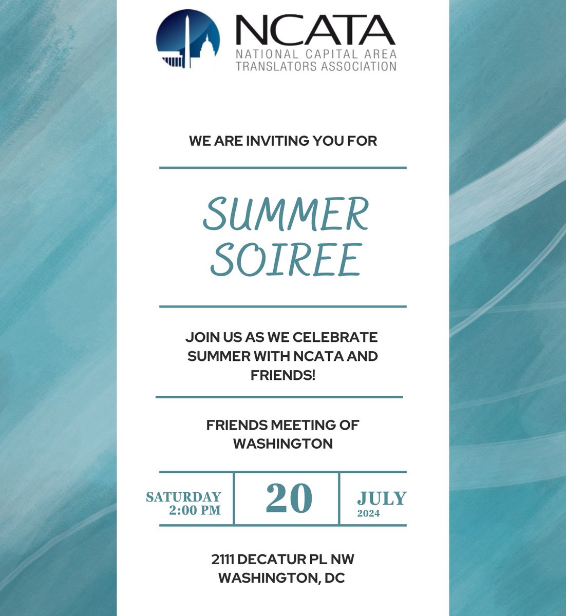 As a thank you for your continuous support, the National Capital Area Translators Association (NCATA) will be hosting a Summer Soiree for everyone!

Registration is free. Register now at:
ncata.org/meetinginfo.ph…

#NCATA #SummerSoiree #Networking #Translators #Interpreters
