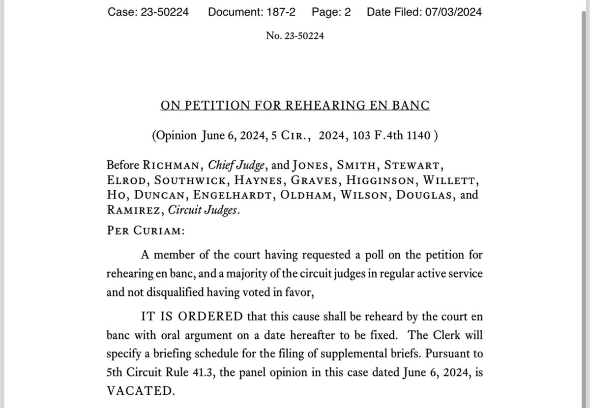 steve_vladeck's tweet photo. Late on the night before a holiday, the Fifth Circuit has granted rehearing en banc in the Llano County book ban caseβin which a 2-1 panel had ruled in June that the county had likely violated the First Amendment when it took 8 books exploring race and sexuality off its shelves. https://t.co/NknSkrW2p5