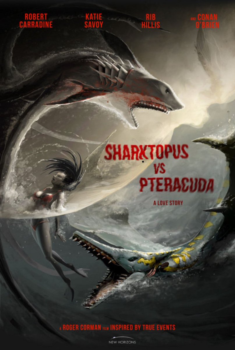 Tonight’s entertainment? One of many of my <a href="/RogerCorman/">Roger Corman</a> favs (I may or may not have a Sharktopus tattoo) as <a href="/ConanOBrien/">Conan O'Brien</a> gets his head chomped on the beach by #shartopus and #robertcarradine waits in the car.  😁 🦈 🐙 
#sharktopusvspteracuda #syfysuperfan #cinephile