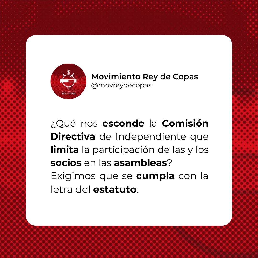 La participación de las y los socios debe ser respetada. Exigimos el libre acceso a las asambleas. 🇦🇹

#MRdC #TodoRojo #Independiente #PrimeroIndependiente