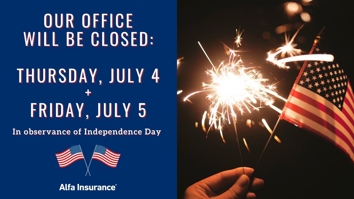 insurewithshug's tweet photo. Our office will be closed Thursday and Friday in observance of Independence Day. 🇺🇸 You can still reach us if something comes up. Visit https://t.co/69k5Orz2CZ to view a list of contact options that best fit your needs.

Have a wonderful, safe holiday! https://t.co/xLdTJKqwi6