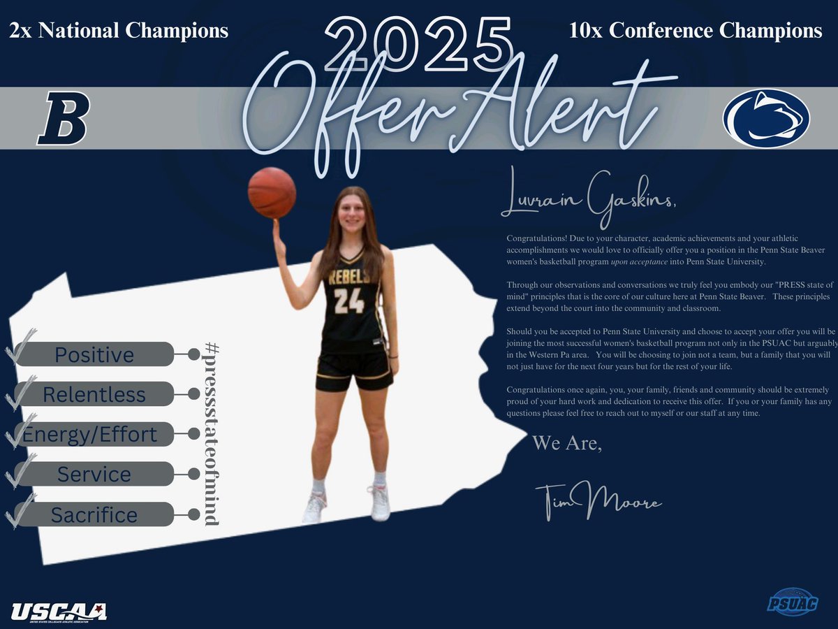 I’m pleased to announce that I have received an official offer from Penn State Beaver. I would like to thank coach Mahan and coach Moore for giving me the opportunity to play for <a href="/PSUBeaverWBB/">PSU Beaver WBB</a>