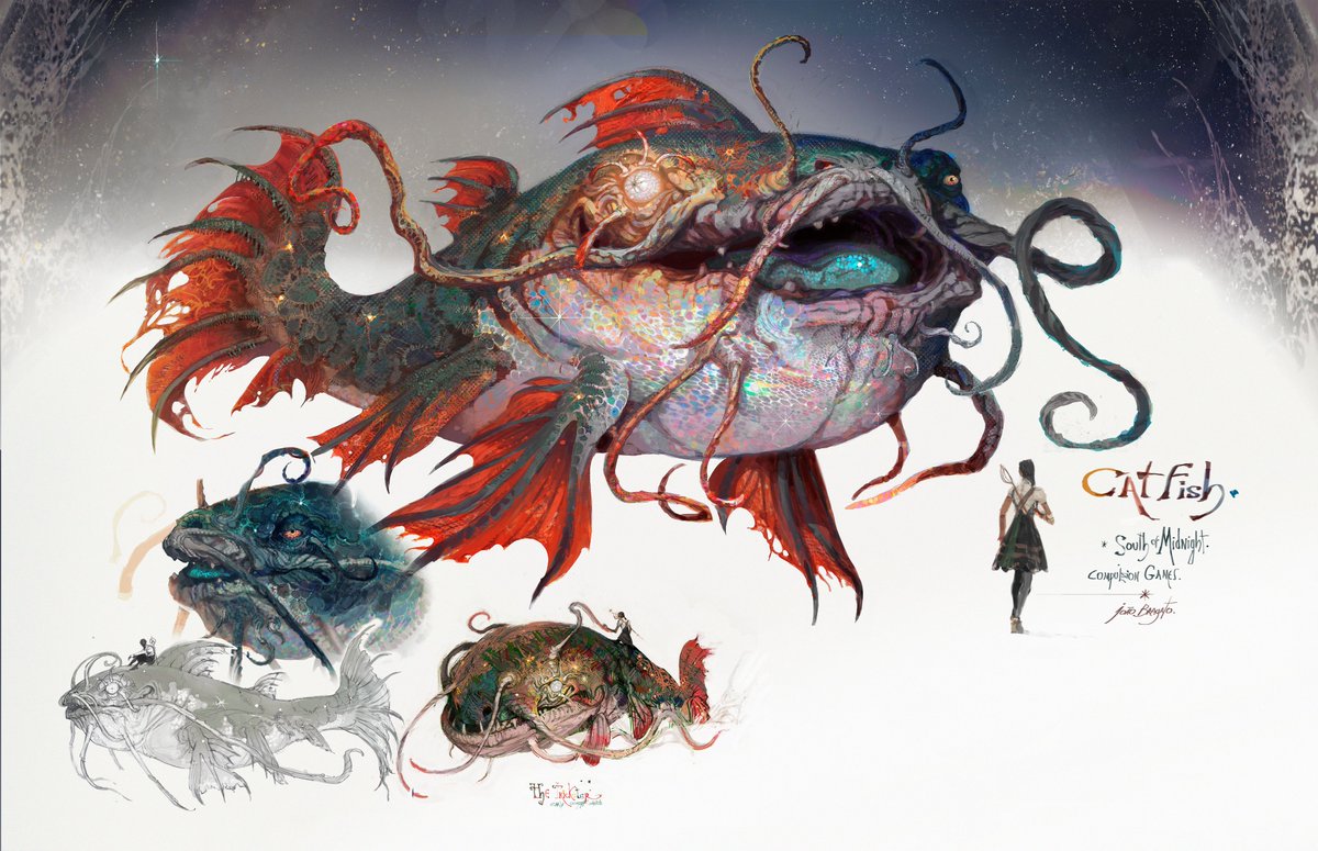 Catfish's unique design is intended to spark curiosity about his past, his vast knowledge, and his intentions. By giving him two different eyes and weaving engravings on his skin, concept artist João Bragato wanted to convey his identity as a very complex and ancient character