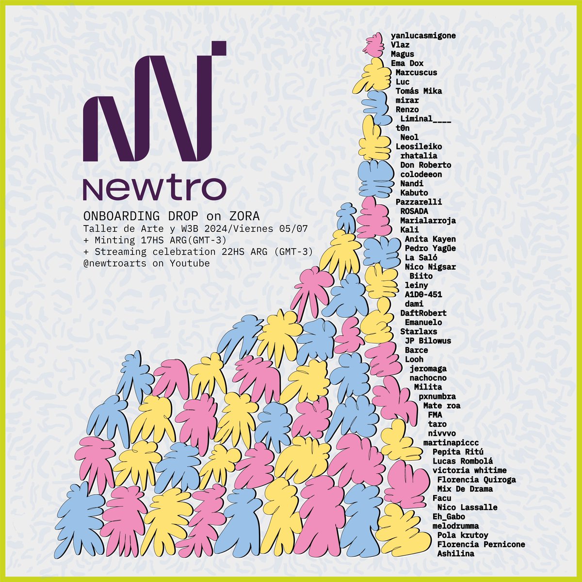 NEWTRO ONBOARDING DROP on <a href="/zora/">$zora</a> 🔵✨
Latin American collective drop

📍 SAVE THE DATE: 
Friday, July 5 
+ Minting 17:00HS (GMT-3) 
+ Streaming celebration
on Youtube 22:00HS (GMT-3)
youtube.com/@newtroarts 

+ more info ⬇️