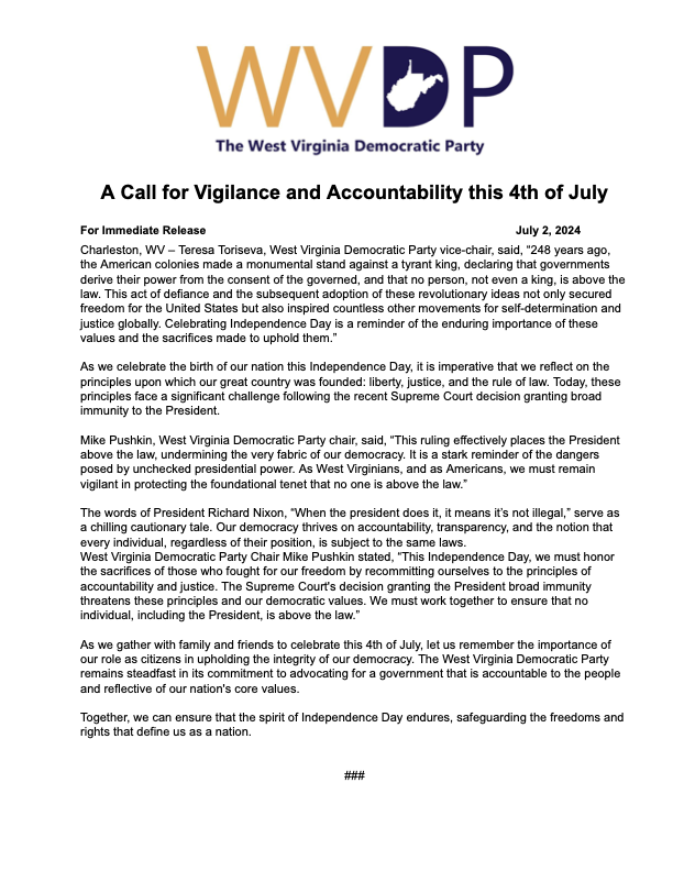 🇺🇸 A Call for Vigilance and Accountability this 4th of July 🗽
Teresa Toriseva, WVDP vice-chair, said, “248 years ago, the American colonies made a monumental stand against a tyrant king, declaring that governments derive their power from the consent of the governed,