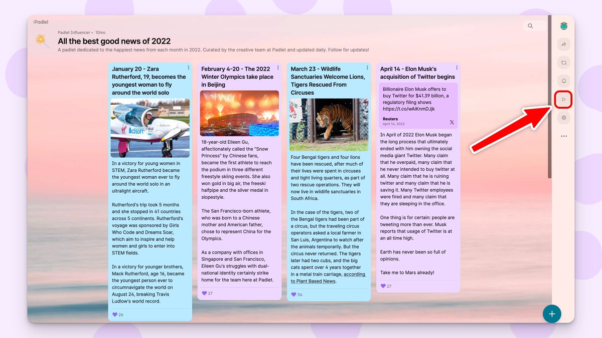 ⚡️Padlet Updates you might have missed⚡️

Did you know that you can convert any padlet into an auto-designed slideshow with just one click?

Try out Slideshow today!