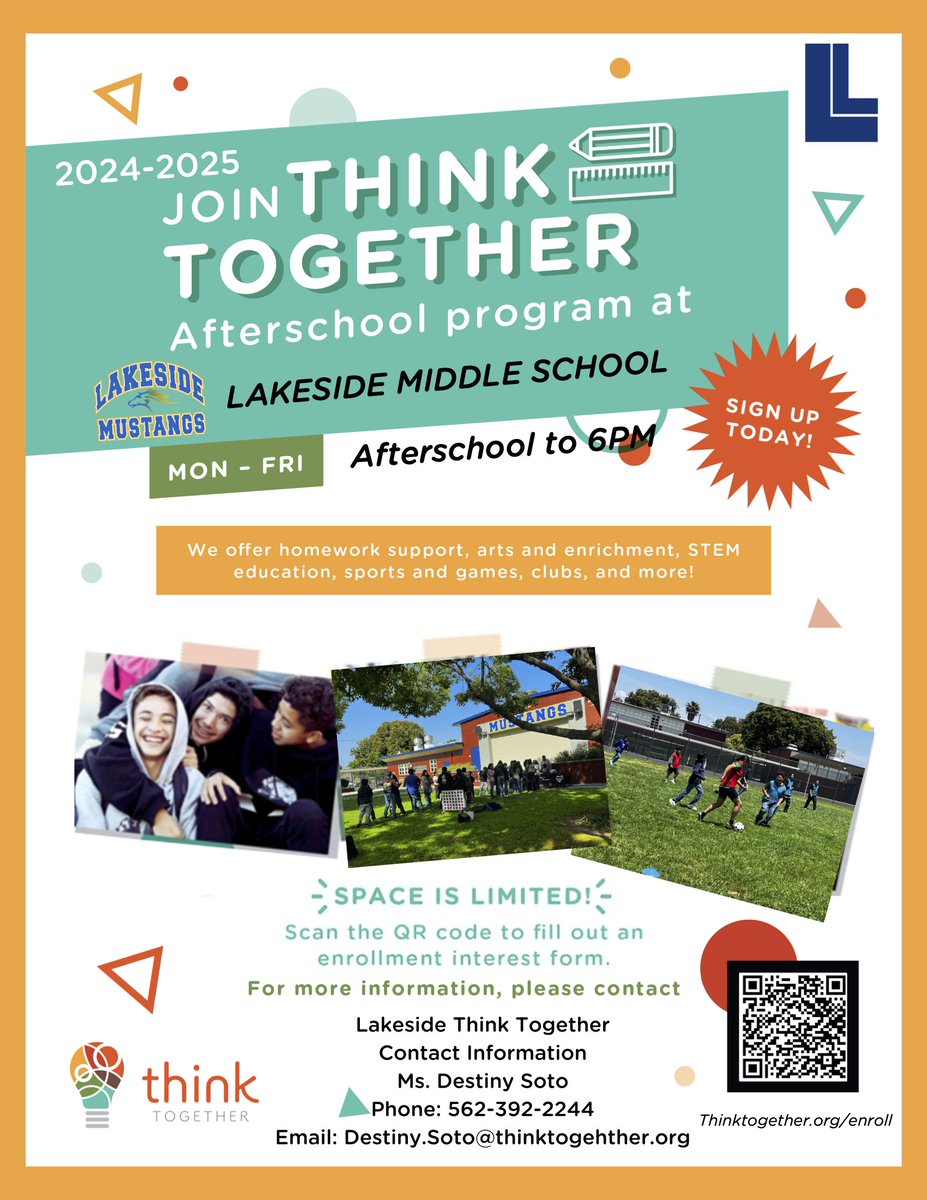 Lakeside_MSLLCS's tweet photo. Interested in Lakeside's afterschool program for your child? 🍎📚 Think Together offers homework support, sports and games, clubs, and more! ⚽📝 For more information, please visit https://t.co/PIxPjFwV5y. https://t.co/CZEeNuZHe9