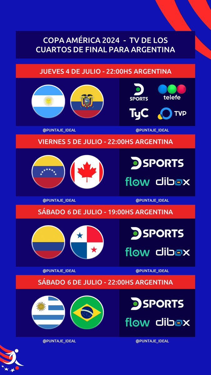 deportes24ar's tweet photo. 🚨📺Informa @puntaje_ideal que finalmente @tycsports NO televisará ningún partido de cuartos de final de la #CopaAmérica además de de #Argentina vs Ecuador.
🔎El resto va por @Dsports y por #Flow y #Dibox en sus canales de EVENTOS. https://t.co/c7VN9jsxGg