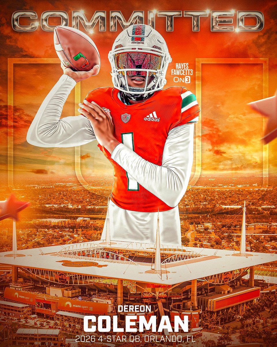 BREAKING: Four-Star QB Dereon Coleman (2026) has Committed to Miami, he tells me for <a href="/on3recruits/">Follow @Rivals</a>

The 6’0 165 QB from Orlando, FL chose the Hurricanes over UCF, Oklahoma, &amp; Ole Miss

“Once you bleed that orange and green it never stops, GO CANES!”

on3.com/db/dereon-cole…