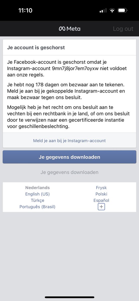 Wie kan me helpen of advies geven?

Ik ben gehackt op <a href="/facebook/">Facebook</a> 

Facebook heeft me geschorst: "We hebben je account opgeschort. Nog 180 dagen om bezwaar aan te tekenen voordat we je account permanent uitschakelen. 

Er is een Instagram pagina via mijn Facebook aangemaakt waar