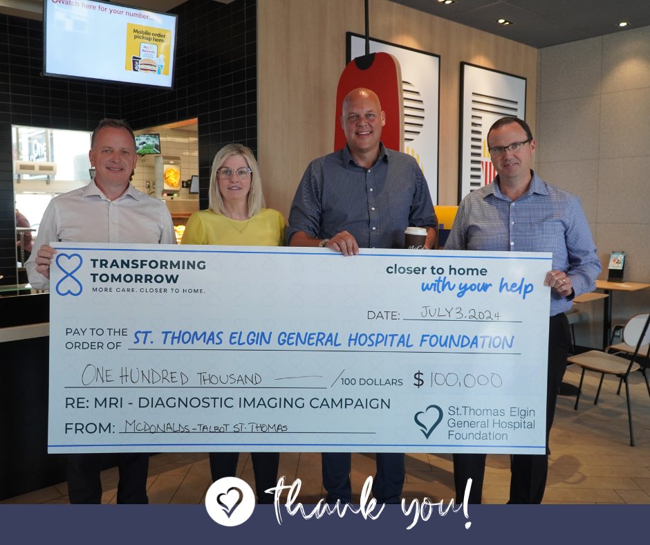 ourSTEGH's tweet photo. A heartfelt thank you to everyone at McDonald’s on Talbot Street, St. Thomas for their truly heartwarming gift of $100,000 in support of Transforming Tomorrow. It is community leaders like these whose generosity allow us provide the utmost quality of patient care. https://t.co/q1FXbxgaTm
