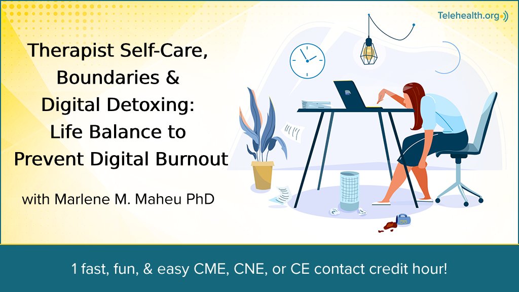 [LIVE Event: 7/19/24 10 AM Pacific, 1 PM Eastern]  

Feeling trapped in a cycle of digital demands? If your digital responsibilities to be available to clients and patients are draining your emotional battery, it’s time for a change. 

 See Details: telehealth.org/self-care/