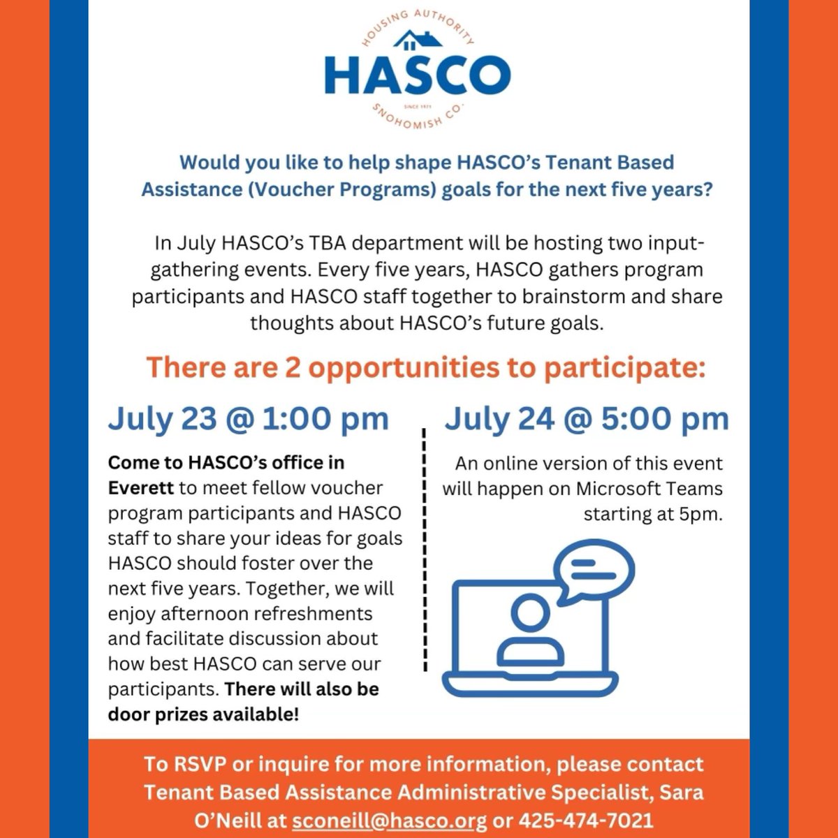 HCESnoco's tweet photo. Today is #MemberSpotlightWednesday! 🎉 

We’re highlighting @hasco_wa , who is dedicated to providing affordable housing through federal and local rent assistance.

Join them at input-gathering events on July 23-24 to help create their 5-Year Agency Plan. 
#OurStoriesConnectUs https://t.co/GGhR1MzSOg