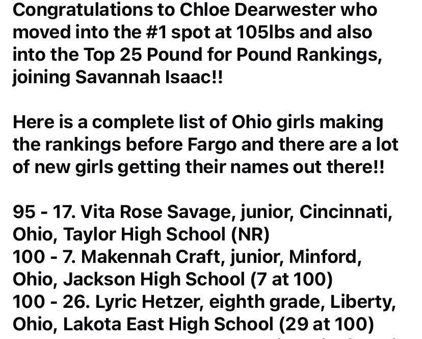 OHGirlWrestling's tweet photo. 22 Ohio girls make national rankings, including Chloe Dearwester moving into #1 spot at 105lbs!! https://t.co/3d0c4gIrFI