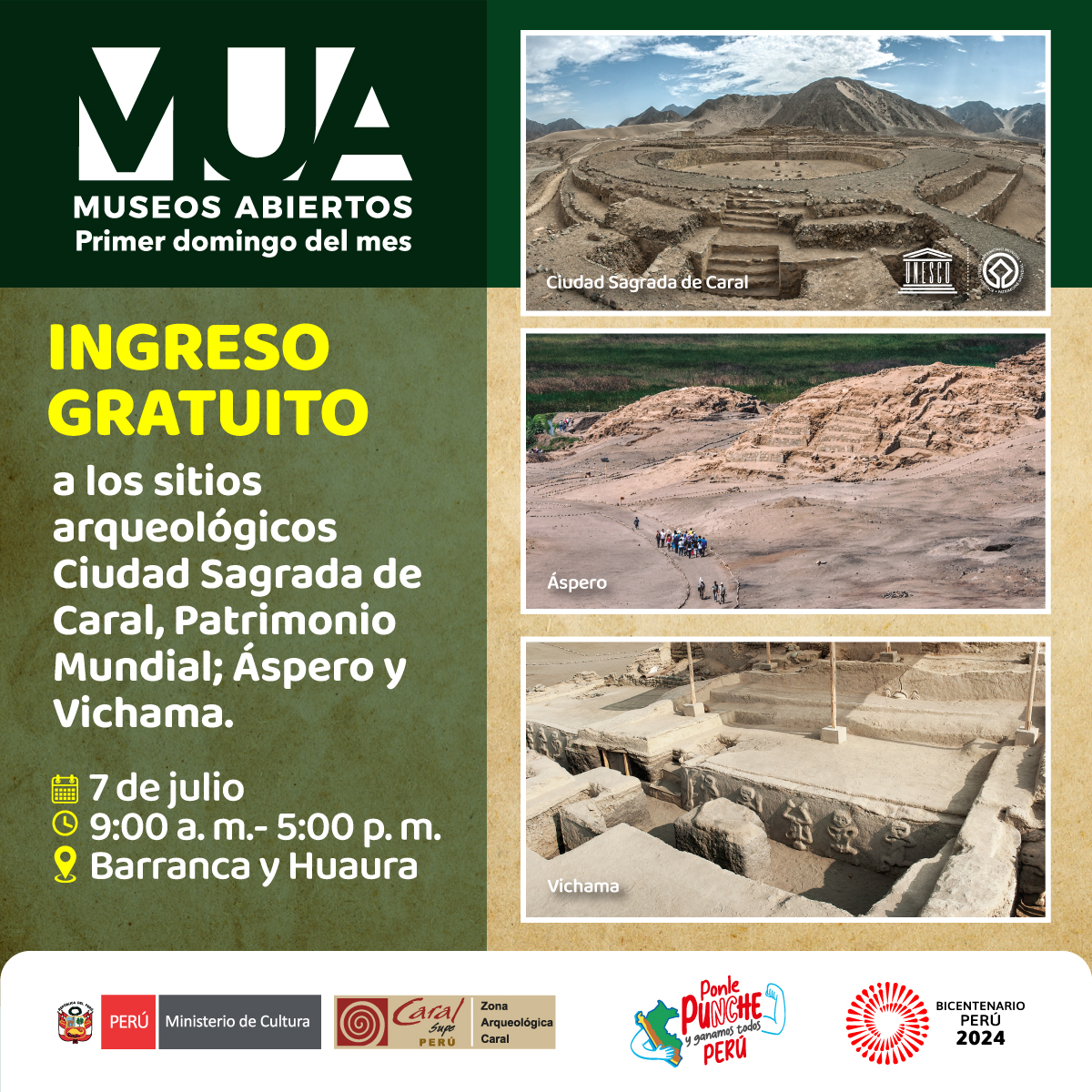 Peru_Caral's tweet photo. #7DeJulio | Este primer domingo de julio, mes de Fiestas Patrias 🇵🇪, aprovecha el #IngresoGratuito a los sitios arqueológicos Ciudad Sagrada de Caral, Patrimonio Mundial; Áspero y Vichama. Recorre la Ruta Caral y conoce más de nuestra cultura ancestral. ¡Te esperamos! https://t.co/A733SxhPa0