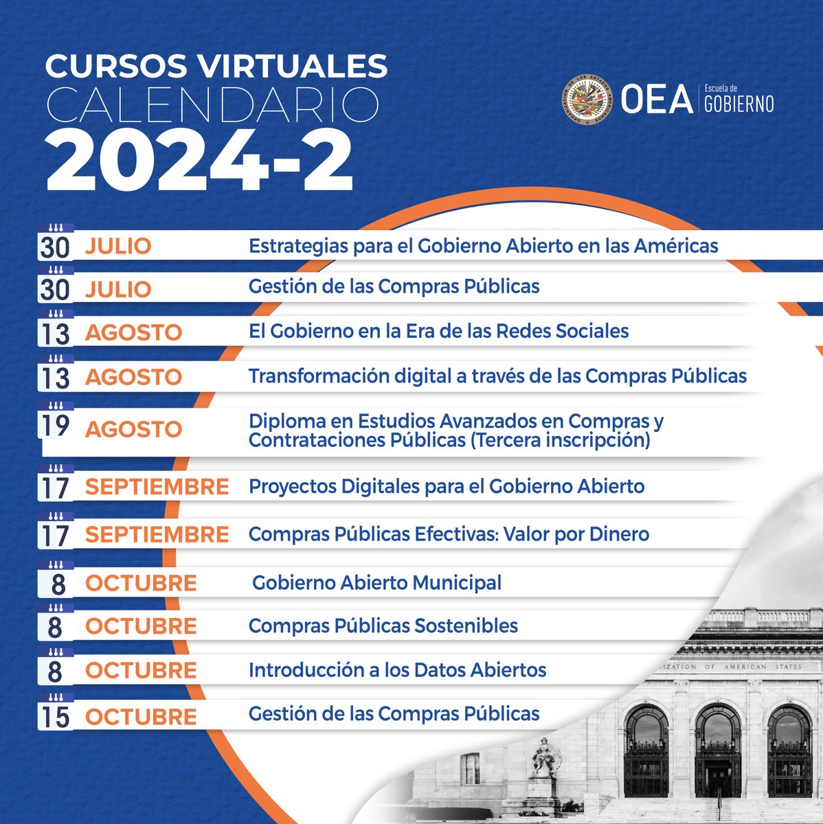 EscuelaOEA's tweet image. El 2⃣ semestre está lleno de oportunidades de crecimiento profesional.  
Descubre el calendario de capacitación y participa en los cursos en línea sobre #GobiernoAbierto y #GestiónPública. 
¡Prepárate para destacar en tu carrera!

ℹ️Info: oas.org/es/sap/dgpe/es…

@OEA_GestionPub