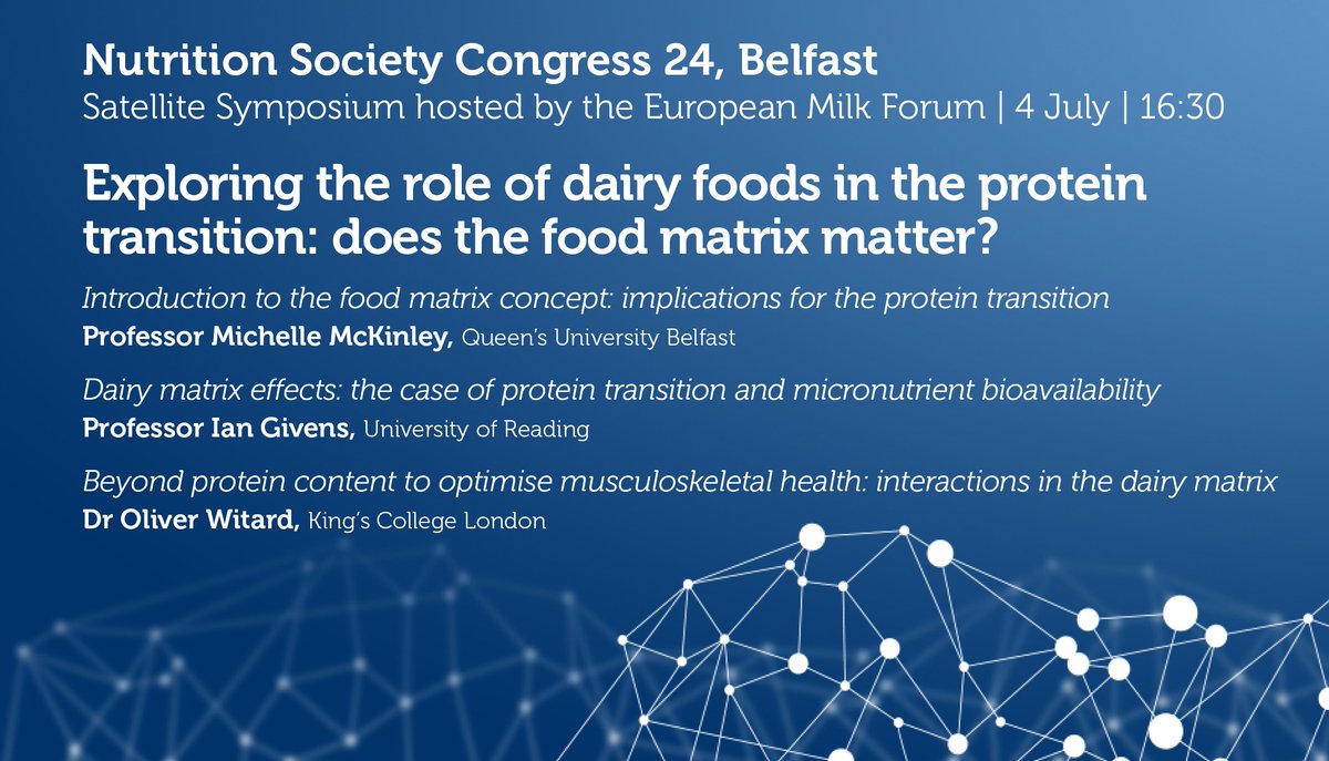 Looking forward to the European Milk Forum symposium this afternoon <a href="/NutritionSoc/">Nutrition Society</a> Congress.
With Prof Michelle McKinley <a href="/CPH_QUB/">QUB Public Health</a> 
Prof Ian Givens <a href="/UniRdg_IFNH/">IFNH</a> 
Dr <a href="/OllyWitard/">Oliver Witard</a> <a href="/KingsCollegeLon/">King's College London</a> 
Exploring the role of #Dairy &amp; #FoodMatrix in the protein transition.
#NSCongress24