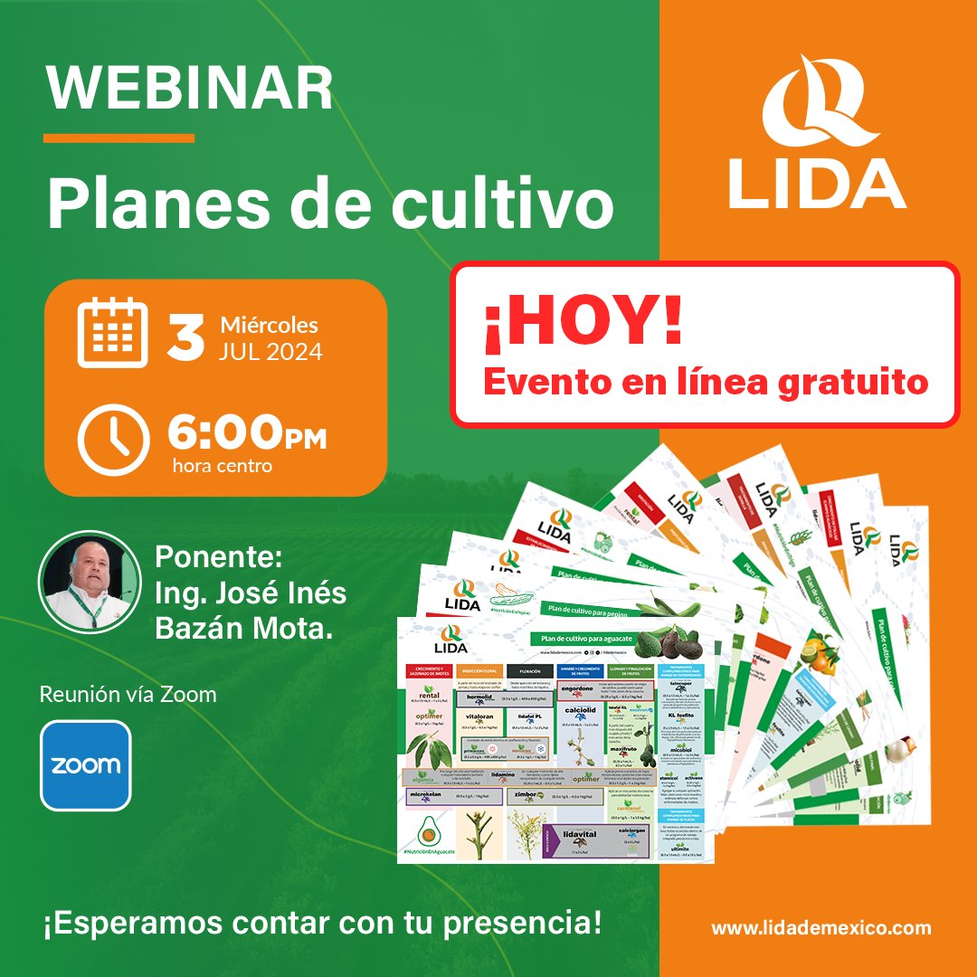 LIDADEMEXICO's tweet photo. ¡HOY: Webinar Planes de cultivo LIDA! ¡Regístrate aquí!  https://t.co/QMoZjzaWf1
En esta sesión conocerás a detalle los planes de cultivo LIDA, guías prácticas que cubren todas las etapas y aspectos de la productividad asociados al uso de nutrientes 🌱✨ https://t.co/lM9tZmXTqZ