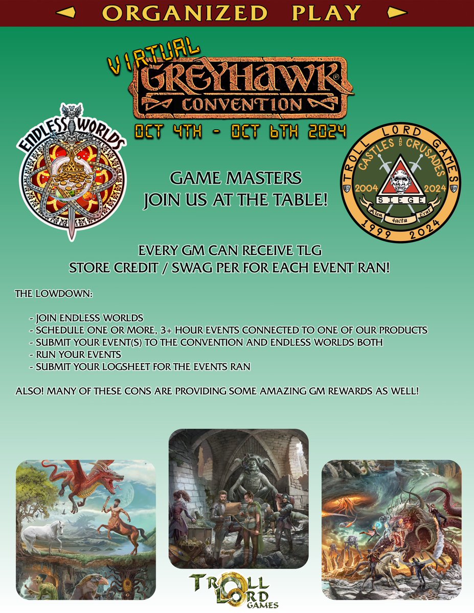 Sound the Horns! Virtual Greyhawk Con is Coming! Oct 4th - 6th

 We need Game Masters!  Any events you run and are connected to any of our products can earn you store credit, swag etc.! - For this Con we are awarding DOUBLE  CREDIT!  Join our program below, submit your events to