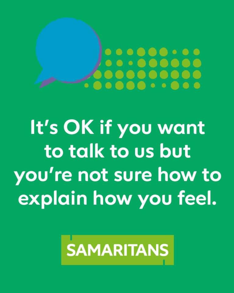 It can be hard to explain how you're feeling. Remember, when you call us you can take as long as you need,  there’s no judgement or pressure. If you feel stuck on what to say at any point, we can ask some gentle questions to help you open up.

We're here for you, 24/7
📱 116 123