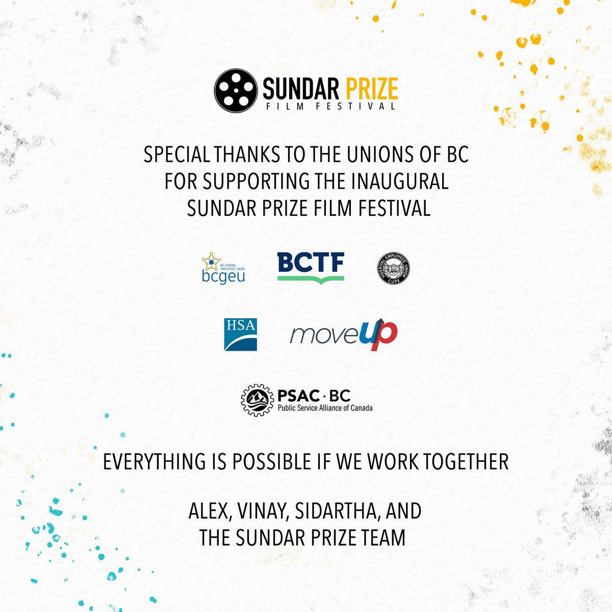 Special thanks to the following unions of British Columbia for supporting our film festival in its first year:

🙏 <a href="/bcgeu/">BCGEU</a>
🙏 <a href="/bctf/">BC Teachers’ Federation</a>
🙏 <a href="/HospitalEmploy2/">Hospital Employees' Union</a>
🙏 <a href="/hsabc/">HSABC</a>
🙏 <a href="/MoveUPTogether/">MoveUP</a>
🙏 <a href="/psacbc/">PSAC BC Region</a>

#sundarprize #sundarprizefilmfestival #spff2024 #spff2025 #filmfestival #bcunions