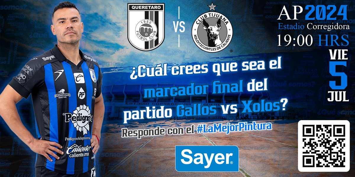 ¡Sorteo! 

Sigue nuestra cuenta de Twitter y TikTok <a href="/GrupoSayer/">Grupo Sayer</a>, y escribe aquí cuál crees que sea el marcador final del partido de Gallos vs Xolos con el hashtag #LaMejorPintura.

Los ganadores serán seleccionados al azar este jueves 4 de julio a las 4 p.m. 

<a href="/Club_Queretaro/">Gallos Blancos 🐓</a>