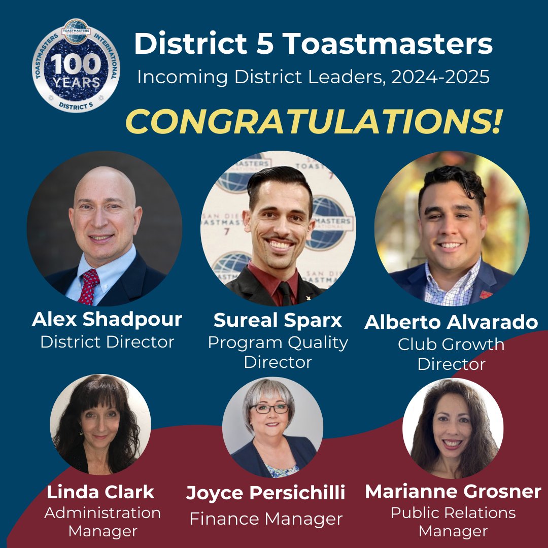 D5Toastmasters's tweet photo. 🌟 Welcome to Our Incoming District 5 Leaders! 🌟

With fresh perspectives and unwavering commitment, our leaders are ready to Aim for Success and continue the legacy of excellence within our community.

#Toastmasters #PublicSpeaking #Leadership
#CelebrateToastmasters100 https://t.co/N0sHRu04S2