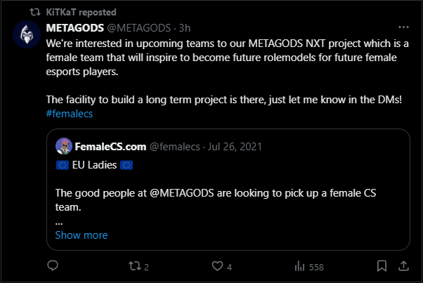 Thanks <a href="/KiTKaTCS2/">KiTKaT</a> you're a great player and have achieved alot in the female scene. Let us know if you want to help us build the next generation winners in the METAGODS NXT platform. We have produced a highly gelled system with great vision!