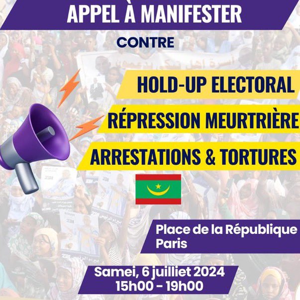 Maevafdl's tweet photo. La diaspora mauritanienne en France sera mobilisée ce samedi 6 juillet à 15h00 place de la République à Paris (manif autorisée par la préfecture). 

Partagez svp 🙏🏾 

#FreeMauritania 🇲🇷 https://t.co/HKHvtMSqHs