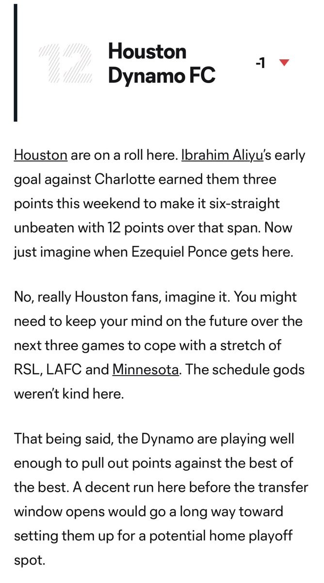 webtilton's tweet photo. See, I’ve told you MLS hates the Dynamo. After beating Charlotte 1-0, they DROPPED us down 2 pts to 12, 2 places below Charlotte. Meanwhile ESPN ranks us 8, up 2 and 3 above Charlotte. 🤷🏻‍♂️
We’ll see what happens tonight. 
🤘🧡 https://t.co/zAjrEmJbj1