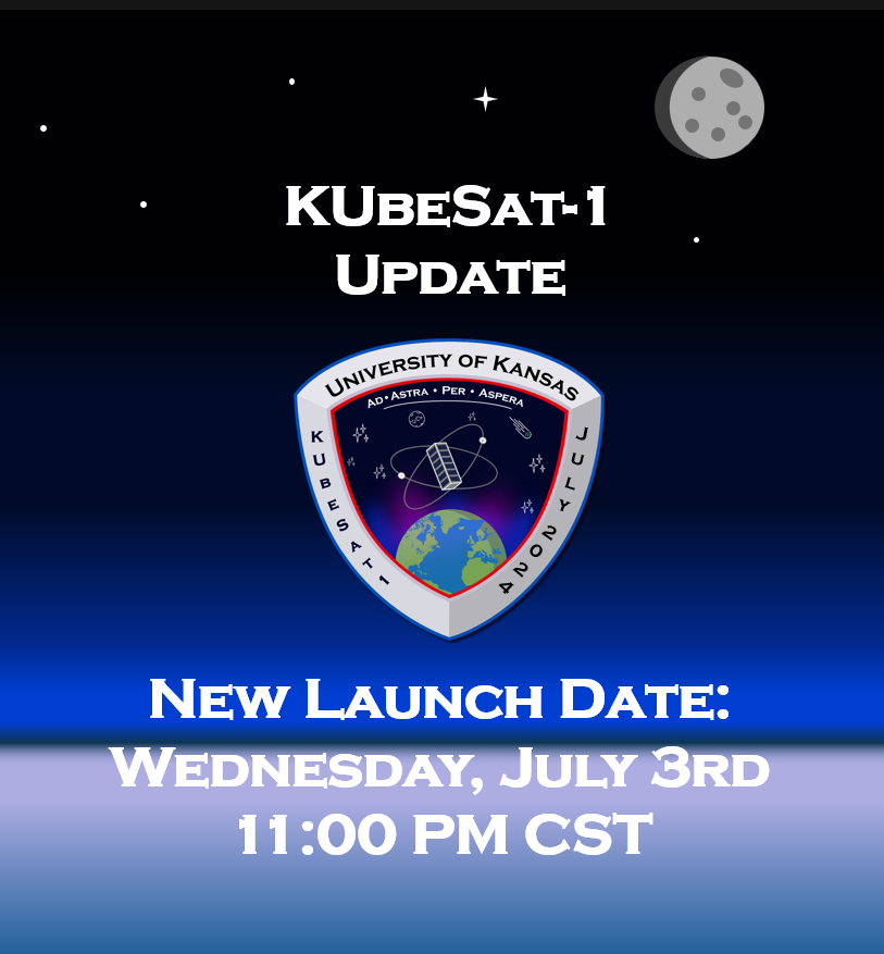 KUbe_Sat's tweet photo. Let’s try this again! The KUbeSat-1 launch has been given a new date: Tonight, Wednesday, July 3rd, at 11:00 PM CST. The launch will be live-streamed on Firefly Aerospace’s YouTube Channel, starting 30 minutes before liftoff. Tune in to view history! #RockChalk  #cubesat https://t.co/GmduMy56ju