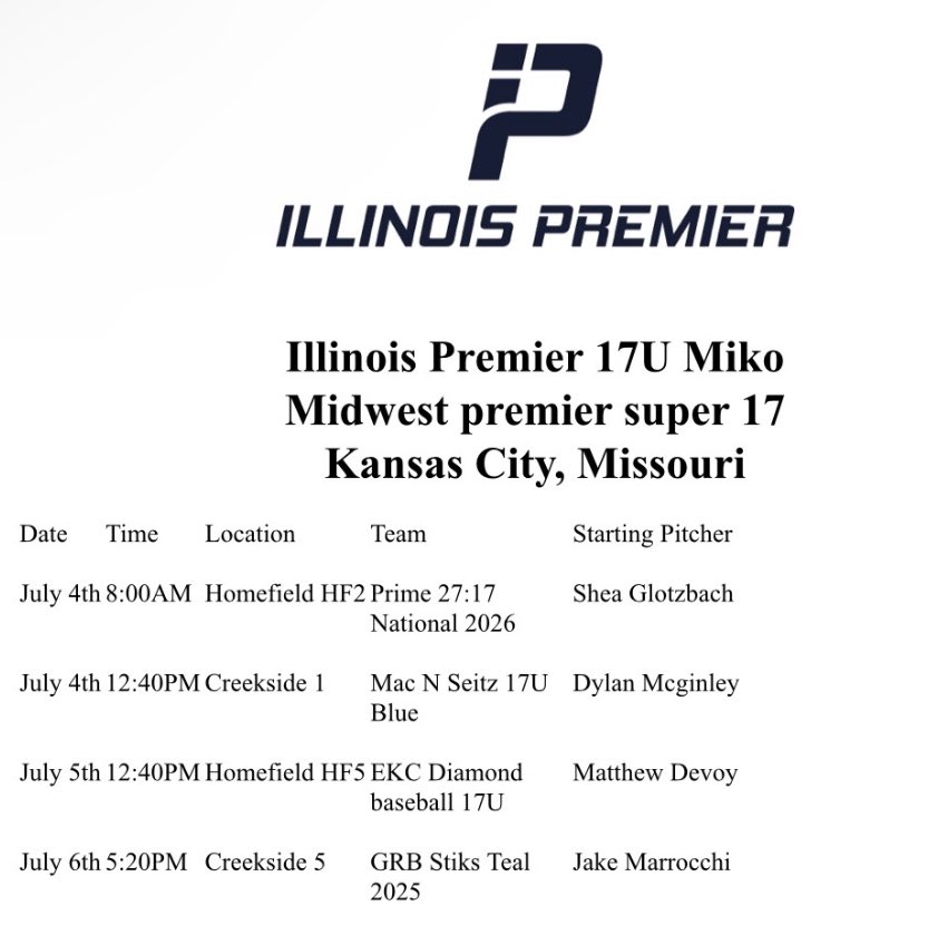 Pitching Rotation for
Illinois Premier 17u Miko at the 
<a href="/MW_Premier/">Midwest Premier Baseball</a> #Super17 
#Dudes