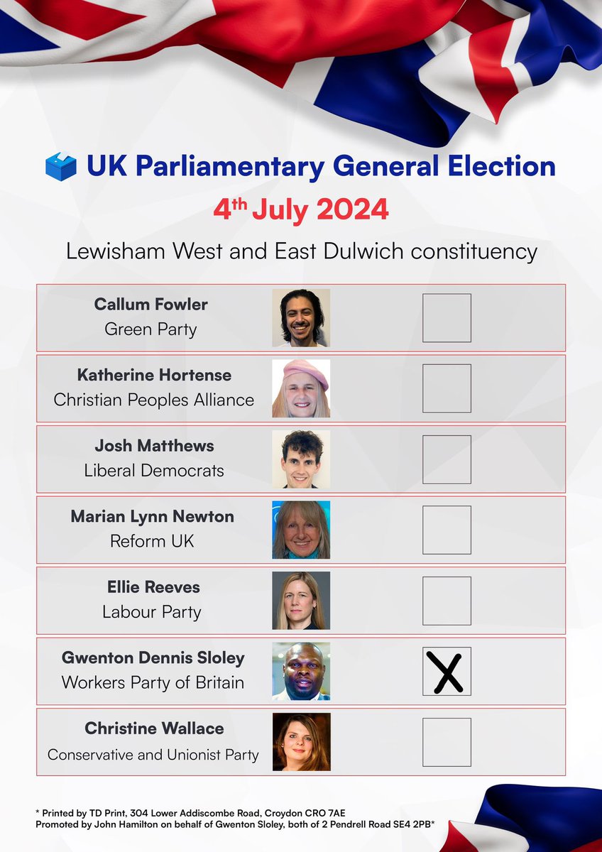 🗳️🌟 Time for change! 🌟🗳️

On this 4th of July, let's make a difference in East Dulwich and West Lewisham by voting for Gwenton Dennis Sloley as our next Member of Parliament!

Gwenton Dennis Sloley is a dedicated and passionate leader who truly cares about our community. With a