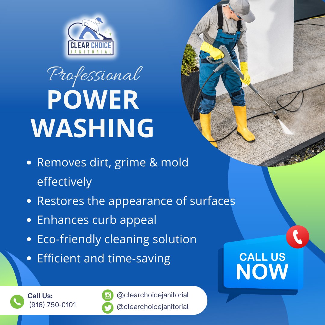 ClearChoiceJan's tweet photo. Transform your exterior spaces with our Professional Power Washing services! Say goodbye to grime and hello to a sparkling clean. Contact us today to schedule your appointment ! ✨#PowerWashing #CleanSpaces #freshstart 
📲 (916) 750 - 0101
✉️ info@clearchoicejanitorial.com https://t.co/BMVo9Iyp6O