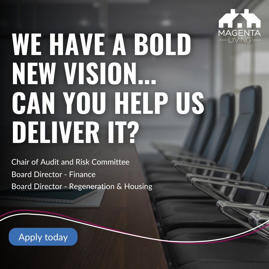 Board Member opportunities:
Three opportunities to help us deliver our 2030 strategic plan..
👉Chair of Risk and Audit
👉Board member (Finance)
👉Board member (Regeneration &amp; Housing)

Closes 22nd July 9am
Click and search 'Magenta' 
lnkd.in/emqduzC3