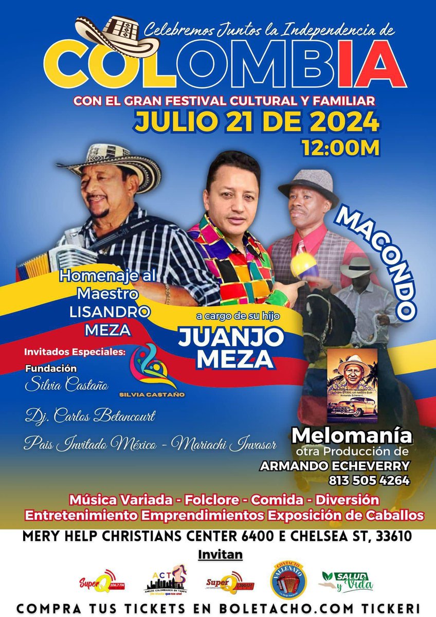 TAMPA, FL prepárate📍El 21 de julio estaré en el Festival Colombiano 🇨🇴 en el Mary Help of Christians Center. 🎉 Será una fiesta inolvidable llena de música, baile y tradición. ✨💃🏿🕺 
Ya tienes tu entrada? 🎟️ 
Corre por la tuya y allá nos vemos. 👀 🎶

#JuanJoMeza #LisandroMeza