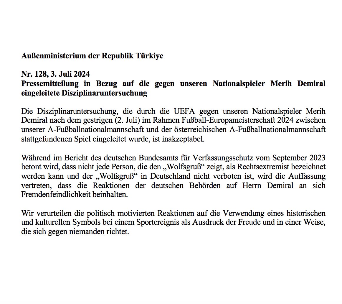 TC_BerlinBE's tweet photo. Außenministerium der Republik Türkiye
 
Nr. 128, 3. Juli 2024
Pressemitteilung in Bezug auf die gegen unseren Nationalspieler Merih Demiral eingeleitete Disziplinaruntersuchung https://t.co/YJwPn8KV2q