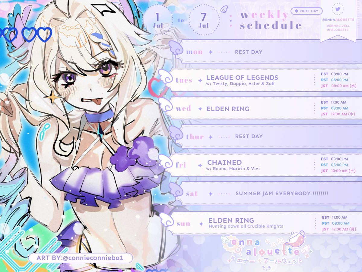EnnaAlouette's tweet photo. 🏖️ July 01st - July 07th 🏖️
I can't believe it's July already !! 
That was too fast...

General: #EnnaAlouette
Live: #EnnaLively
Art: #エナーアート #Palouette
Assets: #Ennassets
Cosplay: #Alouwear
Fan Names: #Aloupeeps
🤡: #EnnTheyCry
📷: #Alouwet
🍰 #Boennappetit https://t.co/dMUx5b79MV