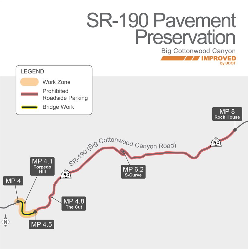 UDOTcottonwoods's tweet image. 🦺#SR190 Construction Alert 

Beginning 7/8, there will be:
📍MP 4 - MP 4.5: one-way, alternating traffic controlled by temporary traffic control signals &amp;amp; pilot cars

📍MP 4.5 - MP 8: roadside parking prohibited for up to 2 weeks as crews prep the road for paving