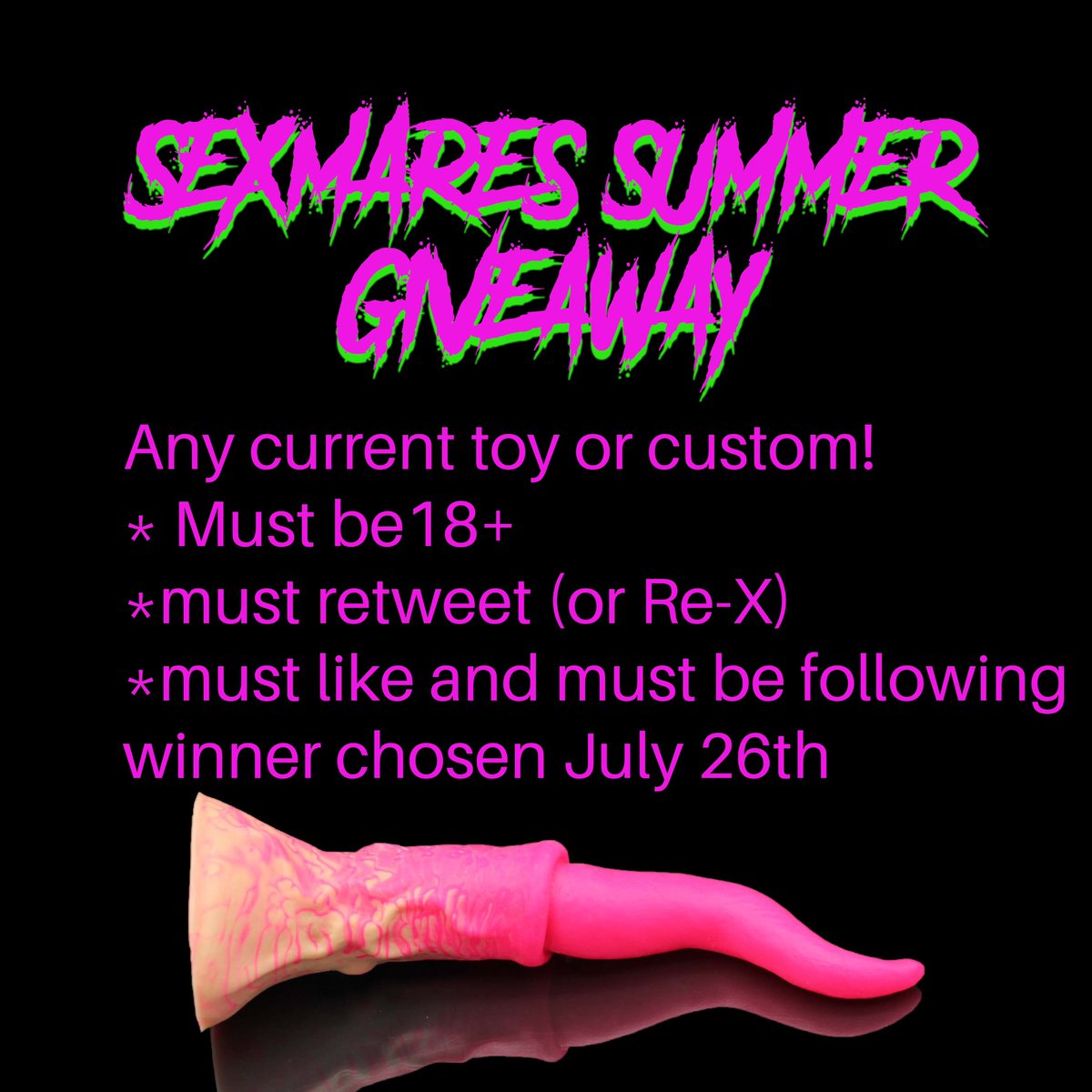 sexmarestoys's tweet photo. Alright I think it’s time for a giveaway, must be 18, repost, like and be following. But this giveaway is good for anything on the website either a current toy or a custom of your choosing! Selecting will happen July 26th at midnight #dongs https://t.co/HfTavBgam1