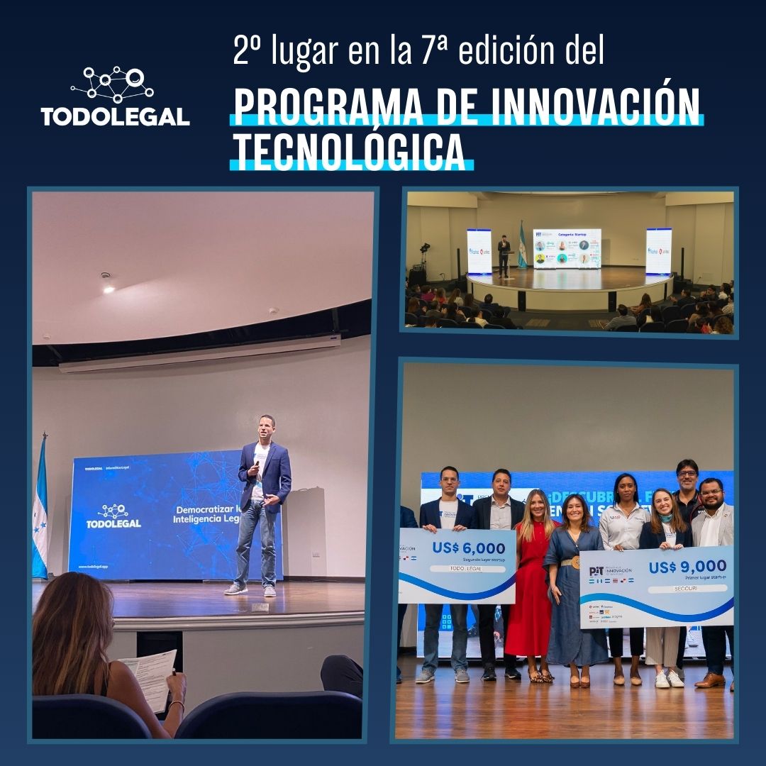 TodoLegal1's tweet photo. ¡TodoLegal ha ganado el 2º lugar en la 7ª edición del Programa de Innovación Tecnológica (PIT)! 🎉

Como la única empresa de Honduras entre los seis finalistas, nos sentimos orgullosos de representar a nuestro país y destacar en el ámbito de tecnológico regional. 
#PIT #LegalTech https://t.co/e8nPEEc96D
